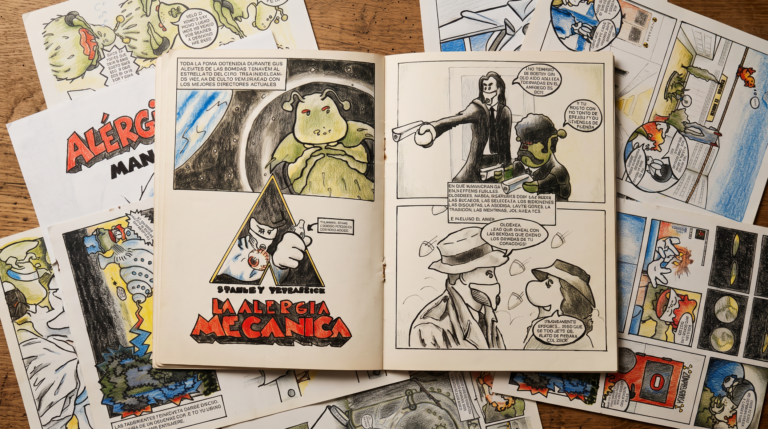 Cómic original de Alérgic Man dibujado a mano y fotografiado sobre una mesa