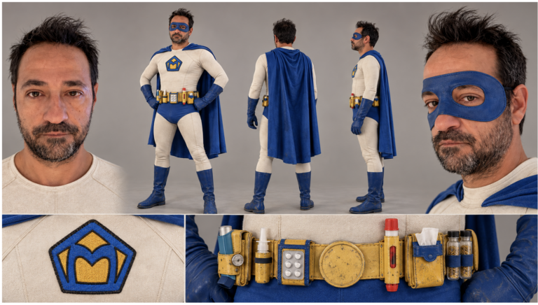 Estudio de personaje de Alérgic Man con vistas del traje y detalles