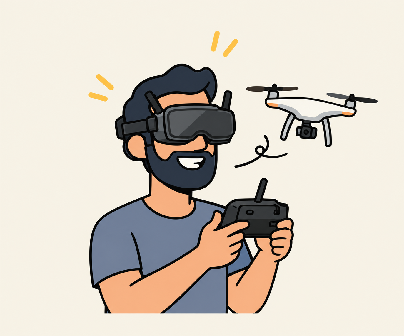 Ilustración de Banjote pilotando un dron FPV con gafas